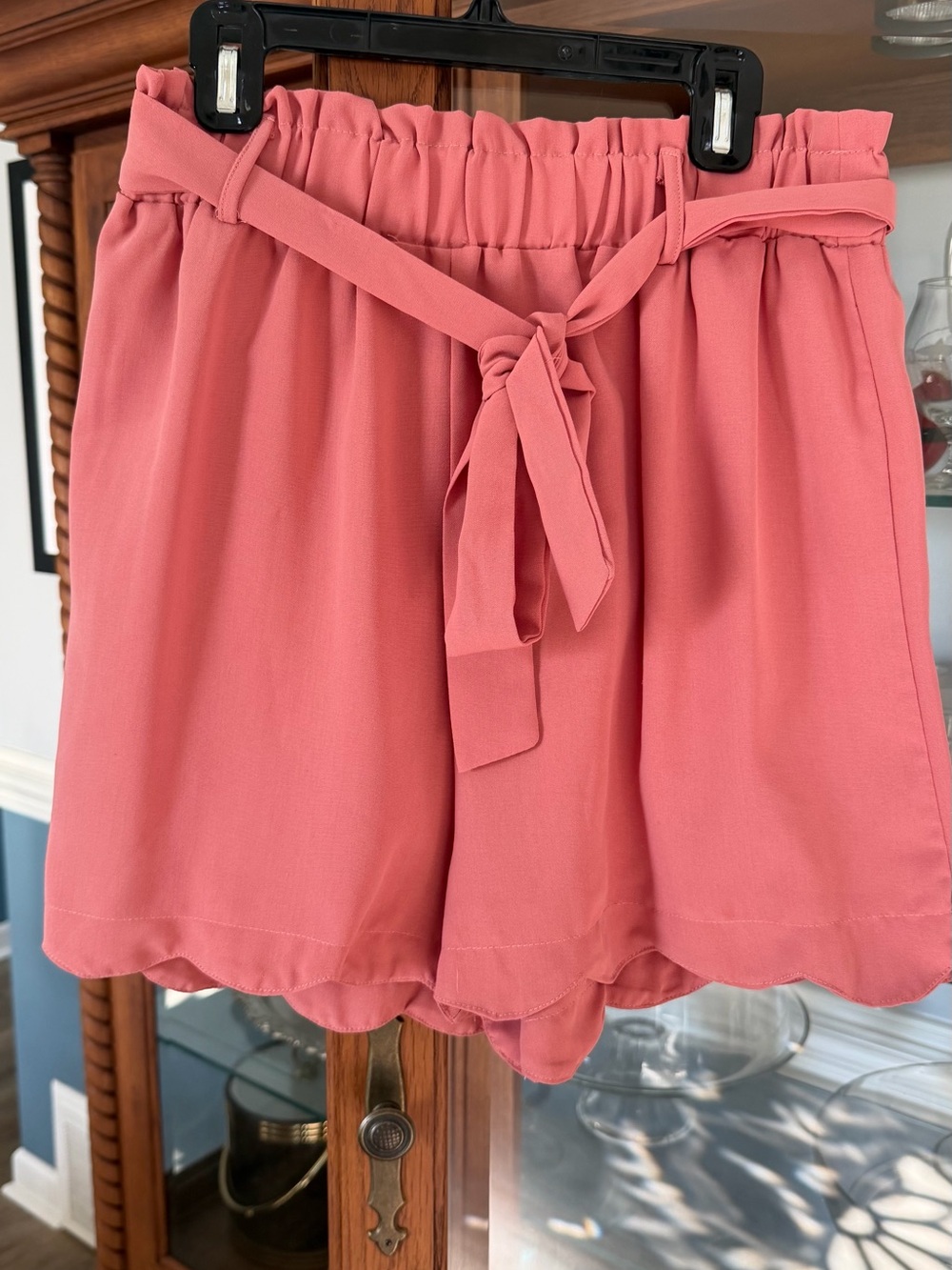 Scallop-Hem High Waist Shorts with Self-Tie Belt - Coral Pink